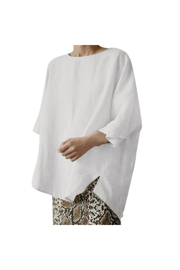 Womens Summer Cotton Linen Shirts 3/4 Sleeve Solid Color Loose Casual T Shirts Hi-lo Hem Basic Tunic Tops Blouses