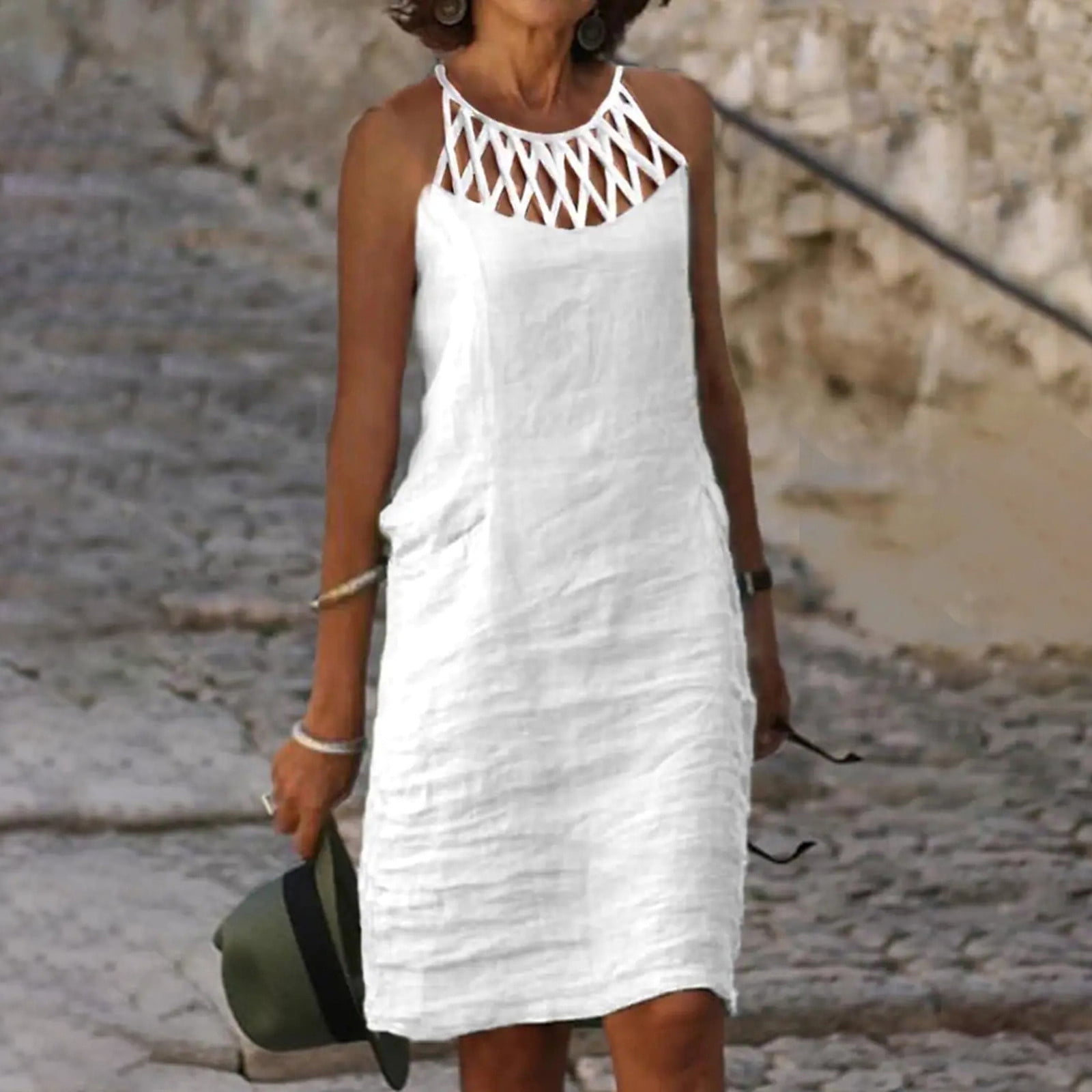 Womens Summer Cotton Linen Short Dress Hollow Out Halter Neck Casual Loose Knee Length Sleeveless Tank Sun Dress (Medium, White) Clearance