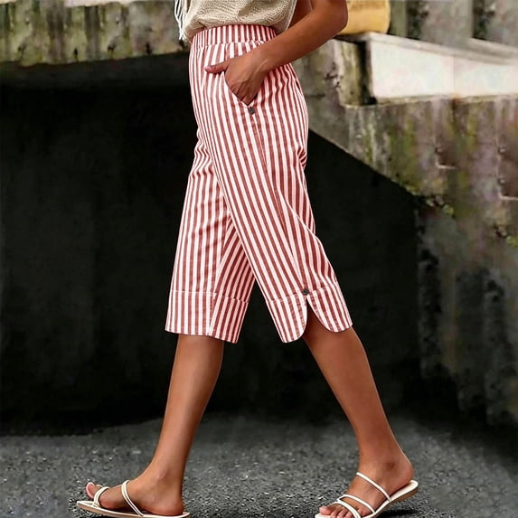 Womens Summer Cotton Linen Shorts Elastic Mid Waisted Striped Printed Straight Leg Bermuda Short for Women with Pockets