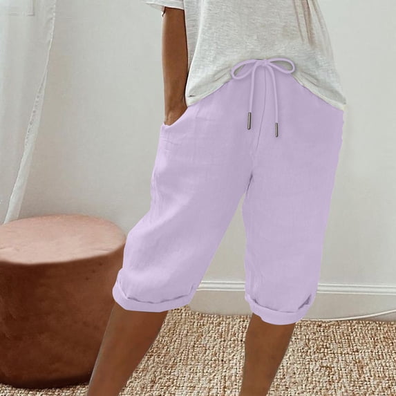 Womens Summer Cotton Linen Shorts Mid Rise Half Pants for Women Drawstring Elastic Waisted Straight Leg Short with Pockets
