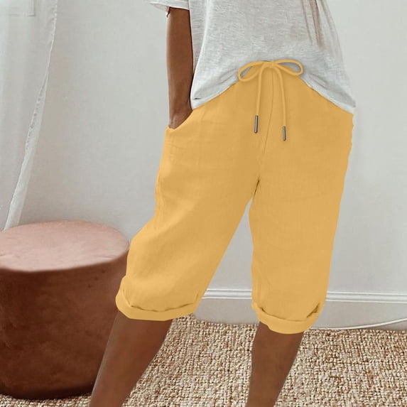 Womens Summer Cotton Linen Shorts Mid Rise Half Pants for Women Drawstring Elastic Waisted Straight Leg Short with Pockets