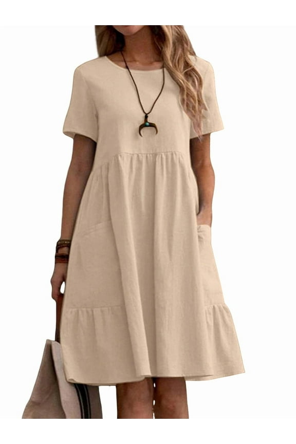 Womens Summer Cotton Linen T Shirt Dress Casual Loose Fit Crewneck Short Sleeve Midi Dresses with Pockets  XXL