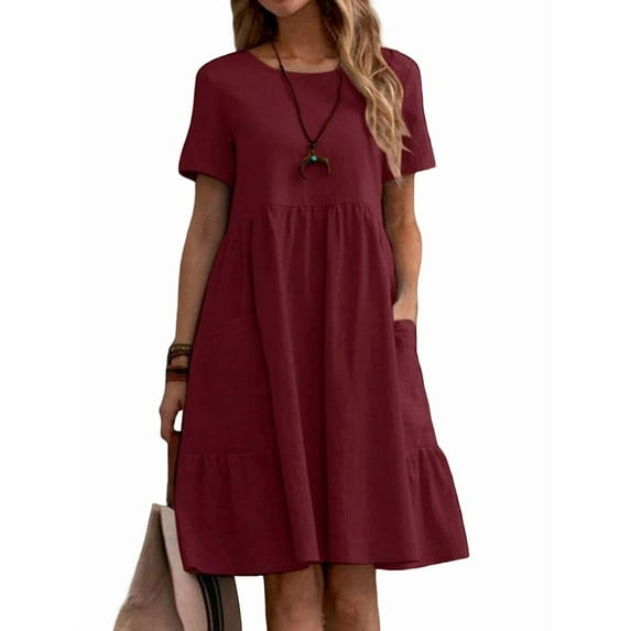 Womens Summer Cotton Linen T Shirt Dress Casual Loose Fit Crewneck Short Sleeve Midi Dresses with Pockets Wine Red L