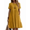 thumbnail image 1 of Womens Summer Cotton Linen T Shirt Dress Casual Loose Fit Crewneck Short Sleeve Midi Dresses with Pockets Yellow XXXL, 1 of 7