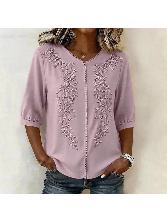 Womens Summer Cotton Linen Tops Elbow Length Sleeve V Neck Tshirts for Women Lightweight Pullover Casual Tees