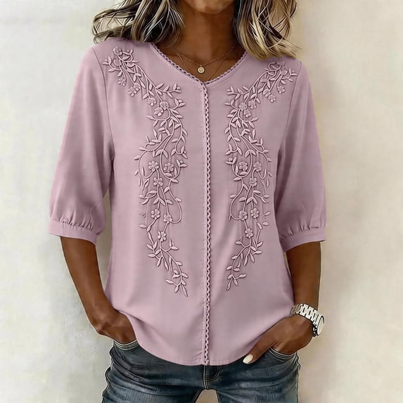 Womens Summer Cotton Linen Tops Elbow Length Sleeve V Neck Tshirts for Women Lightweight Pullover Casual Tees