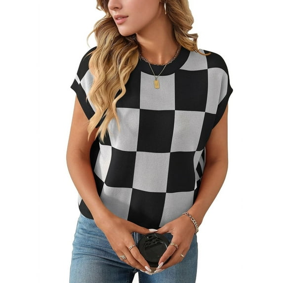 Womens Summer Crew Neck Cap Sleeve Crop Color Block Knit Short Sleeve Sweater Black S