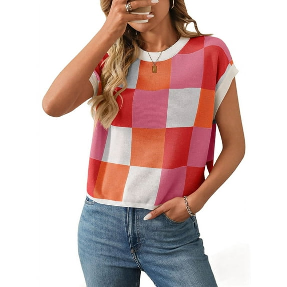 1pcs Womens Summer Crew Neck Cap Sleeve Crop Color Block Knit Short Sleeve Sweater Rose Red S To prevail in kind