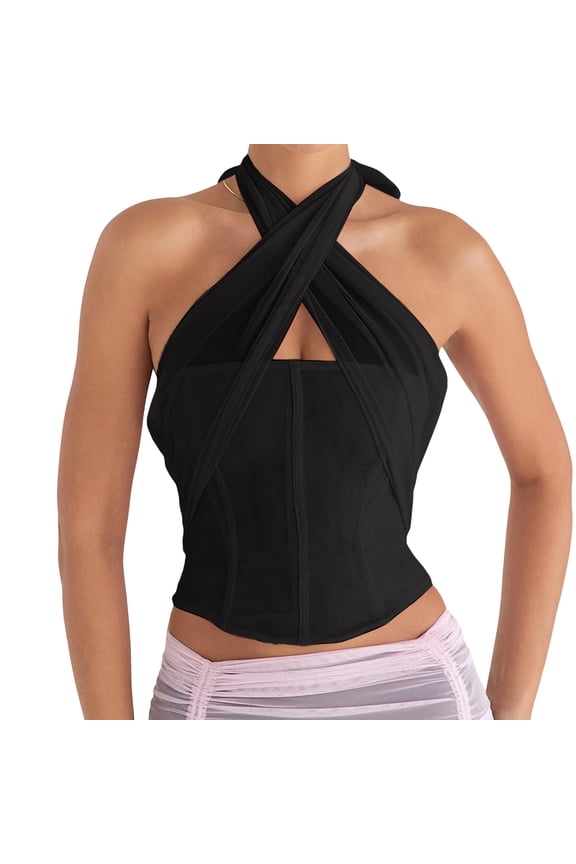Womens Summer Criss Cross Halter Neck Corset Tops Mesh Bandage Backless Sleeveless Club Crop Top Streetwear