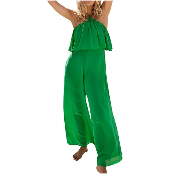 Womens Summer Criss Cross Neck Jumpsuits Sleeveless Ruffle Loose Wide Leg Palazzo Long Pants Beach Rompers