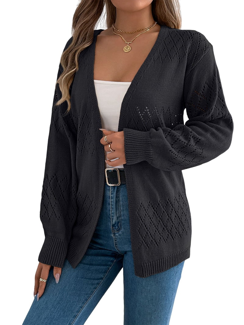 Womens Summer Crochet Cardigan Long Sleeve Light-Weight Casual Knit Sweaters Black S
