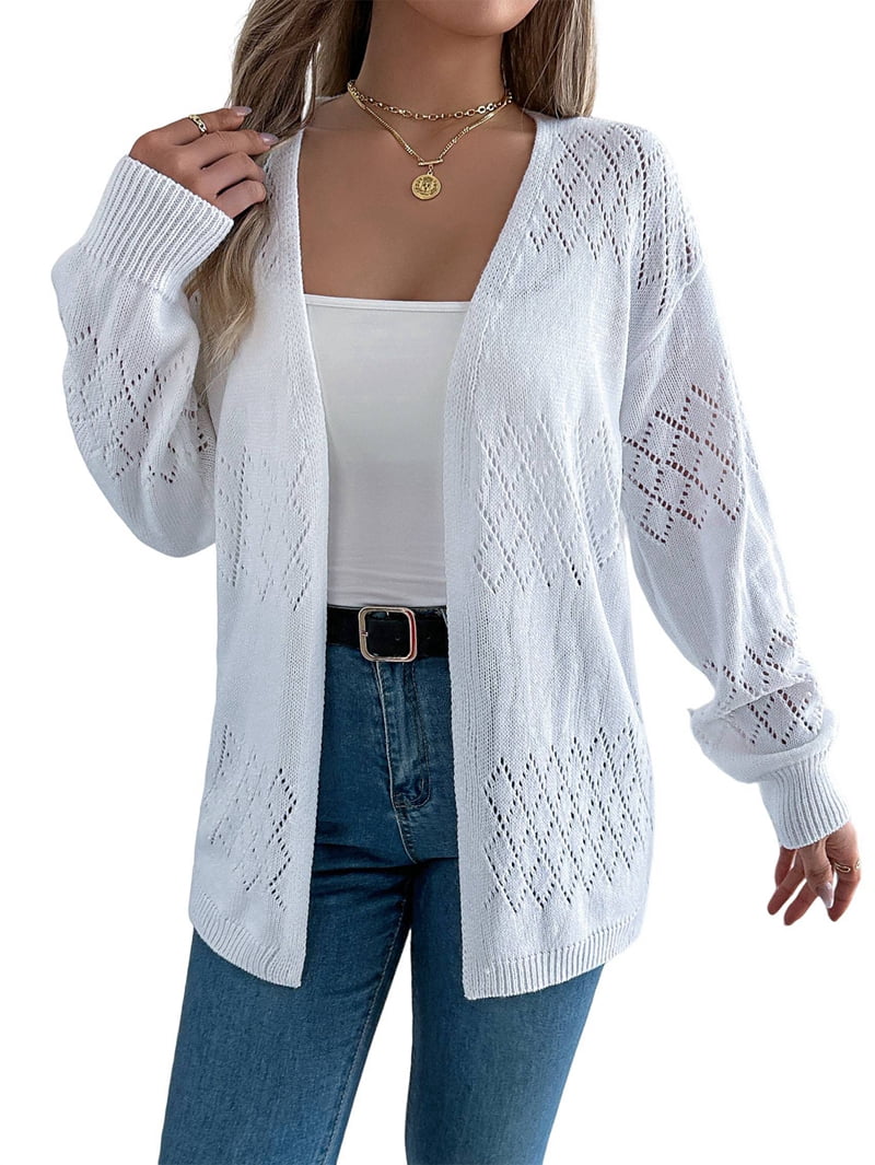 Womens Summer Crochet Cardigan Long Sleeve Light-Weight Casual Knit Sweaters White M