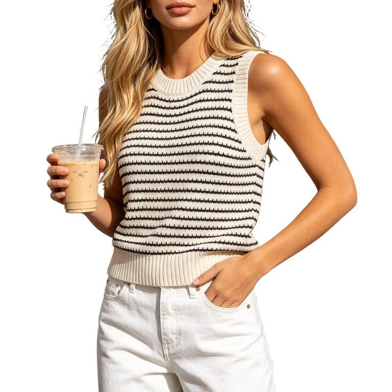 Womens Summer Crochet Sleeveless Sweater Vest Round Neck Hollow 