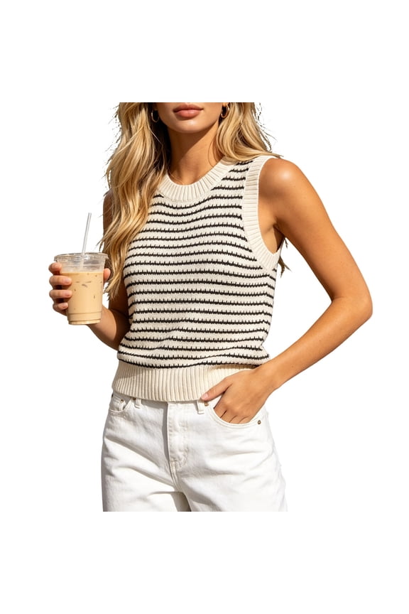 Womens Summer Crochet Sleeveless Sweater Vest Round Neck Hollow Out Knit Tank Tops Casual Loose Cami Tops White