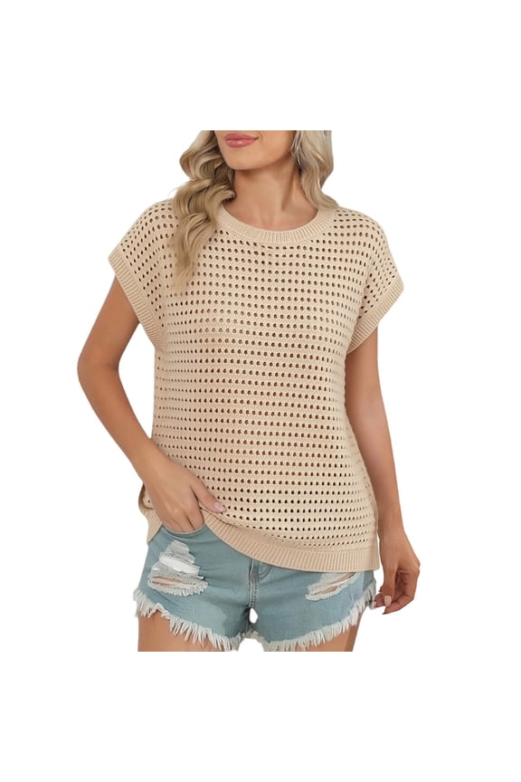 Womens Summer Crochet Tops Cap Sleeve Cover Up Tank Top Pullover Sweater Vest Beach Vacation Crochet Tops Loose Crewneck Eyelet Knit Pullover Crochet Sweaters Trendy Summer Shirts Beige L