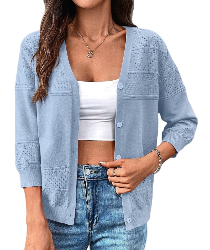 Mawalde Womens Summer Cropped Cardigan 3/4 Sleeve Button Up Thin