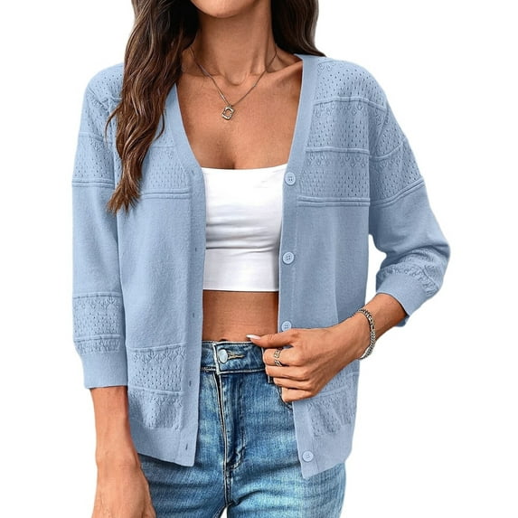 Womens Summer Cropped Cardigan 3/4 Sleeve Button Up Thin Crochet Knit Shrug Sweater Light Blue M