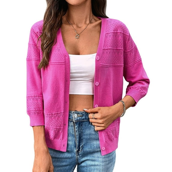 Womens Summer Cropped Cardigan 3/4 Sleeve Button Up Thin Crochet Knit Shrug Sweater Rose Red M