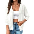 thumbnail image 1 of Womens Summer Cropped Cardigan 3/4 Sleeve Button Up Thin Crochet Knit Shrug Sweater White S, 1 of 9