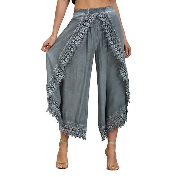 Womens Summer Cropped Palazzo Wide Leg Pants Lace Trim Trouser Comfort Solid Flowy Elastic Waist Boho Hippie Pants