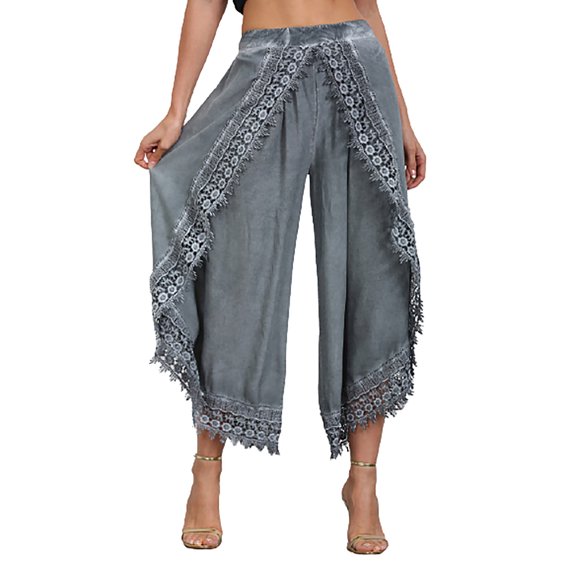 Womens Summer Cropped Wide Leg Palazzo Pants Lace Trim Trouser Comfort Solid Flowy Elastic Waist Boho Hippie Pants