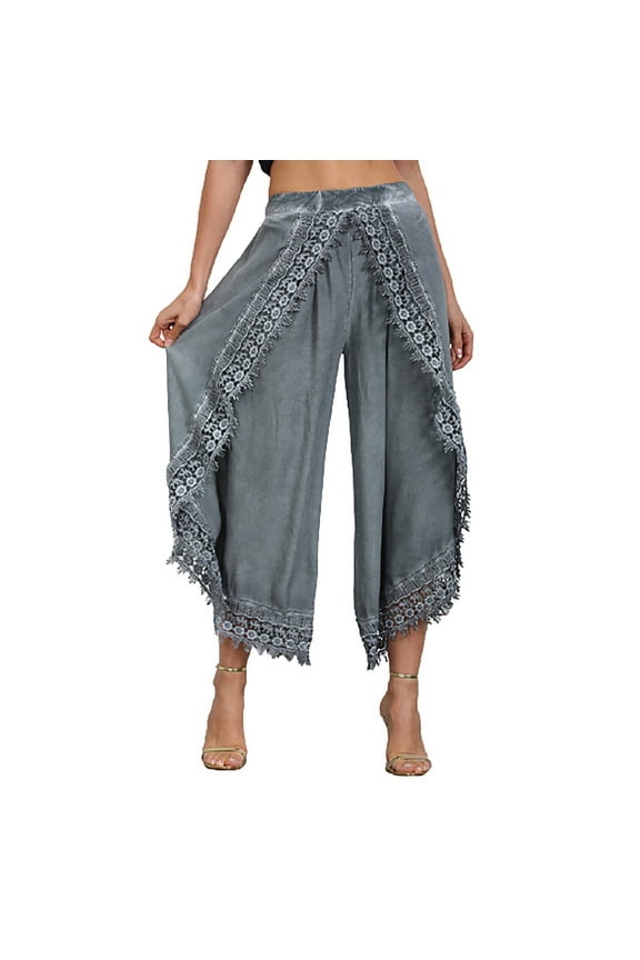Womens Summer Cropped Palazzo Wide Leg Pants Lace Trim Trouser Comfort Solid Flowy Elastic Waist Boho Hippie Pants