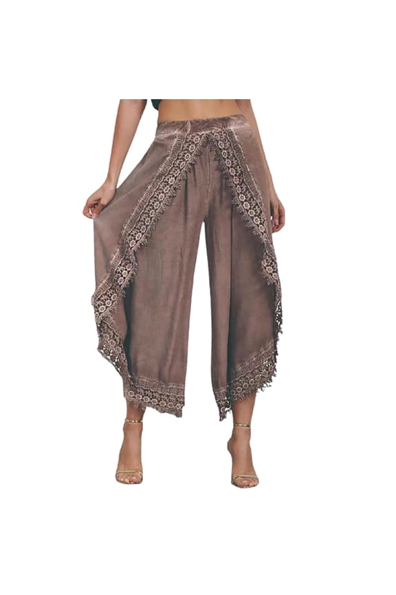 Womens Summer Cropped Palazzo Wide Leg Pants Lace Trim Trouser Comfort Solid Flowy Elastic Waist Boho Hippie Pants