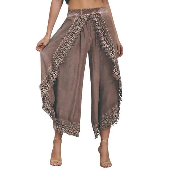 Womens Summer Cropped Wide Leg Palazzo Pants Lace Trim Trouser Comfort Solid Flowy Elastic Waist Boho Hippie Pants