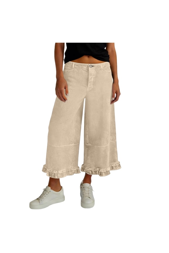 Womens Summer Cute Ruffle Hem Wide Leg Jeans Loose Fit Mid Rise Baggy Cropped Denim Pants with Pockets