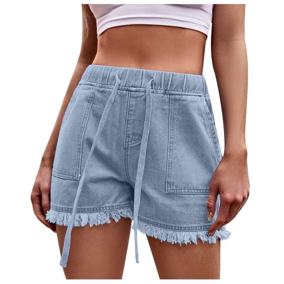 Womens Summer Denim Shorts Pocketed Frayed Hem Jean Shorts Elastic Waist Lightweight Girls Short Pants