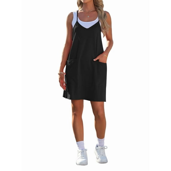 Womens Summer Dress 2025 Sleeveless Casual Mini Dress Spaghetti Strap Short Dresses with Pockets Black XXL