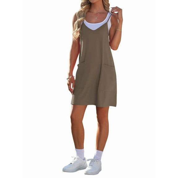 Womens Summer Dress 2025 Sleeveless Casual Mini Dress Spaghetti Strap Short Dresses with Pockets Khaki XL