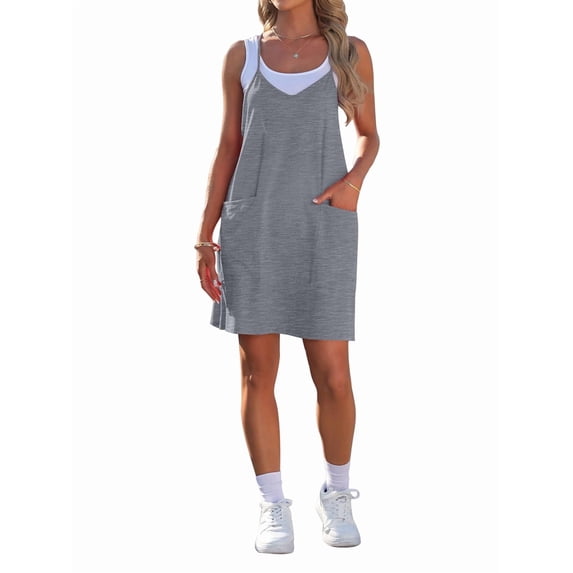 Womens Summer Dress 2025 Sleeveless Casual Mini Dress Spaghetti Strap Short Dresses with Pockets Light Gray L