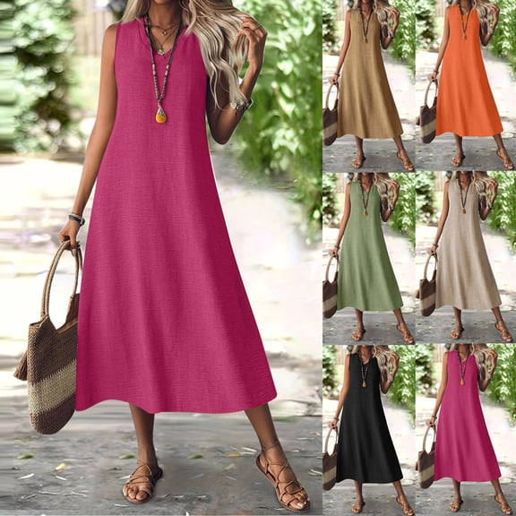Womens Summer Dress 2026 Fashion Summer Casual V-Neck Sleeveless Solid Long Dress Beach Dress Beige M