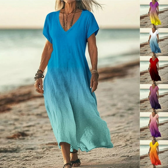 Womens Summer Dress 2026 Fashionable Printed Short Sleeved V-neck Dress Long Skirt Maxi Dress White S