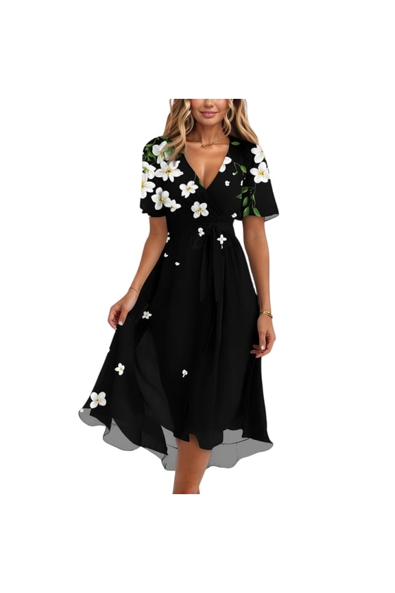 Womens Summer Dress A Line V Neck Ruffled Hem Midi Short Sleeve Floral for Beach S