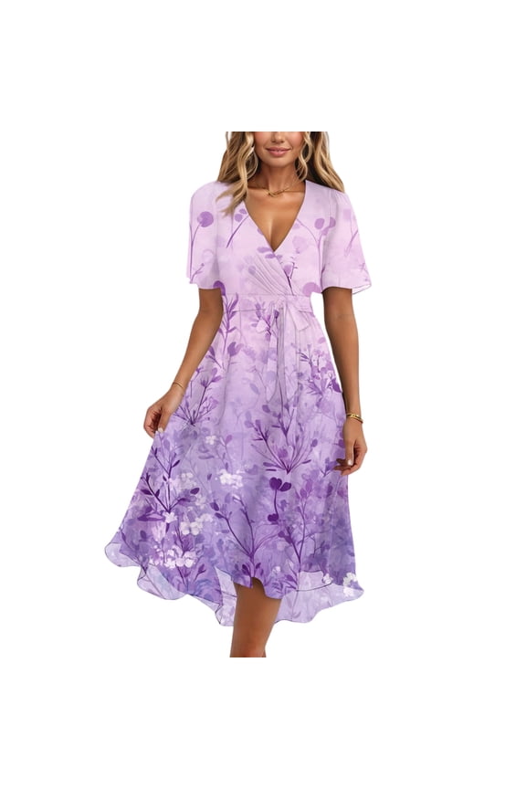 Womens Summer Dress A Line V Neck Ruffled Hem Midi Short Sleeve Floral Chiffon for Beach XL