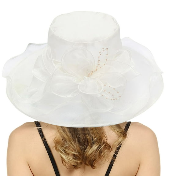 Womens Summer Dress Hat Wide Brim Organza Flower Fascinators Hats Bridal Wedding Tea Party Sun Hats