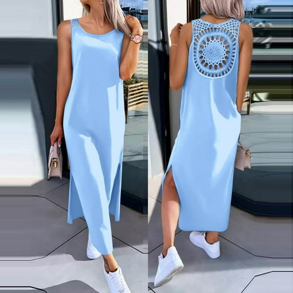 Womens Summer Dress Long Dress Casual Loose Maxi Dresses Beach Outfit 2024 Resort Women Summer Dress Sleeveless Hollow Out Lace Side Slit Summer Tank Dress Lady Night Clothes Summer Nightgowns Women