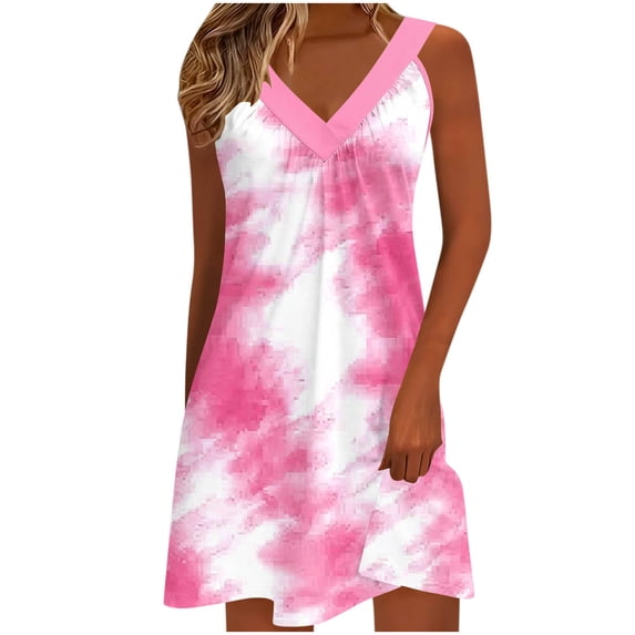 Womens Summer Dress, Loose Pleated V Neck Sleeveless Casual Bohemian Floral Print Beach Tank Sundresses