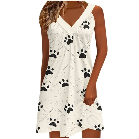 Womens Summer Dress, Loose Pleated V Neck Sleeveless Casual Bohemian Floral Print Beach Tank Sundresses