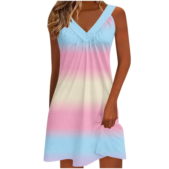 Womens Summer Dress, Loose Pleated V Neck Sleeveless Casual Bohemian Floral Print Beach Tank Sundresses