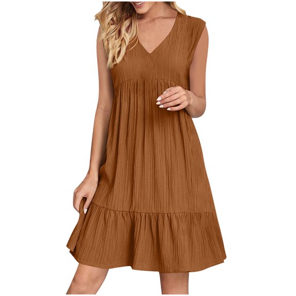 Womens Summer Dress Loose Sleeveless V Neck Mini Dresses Casual Flowy Boho Ruffle A Line Swing Sundress 2025