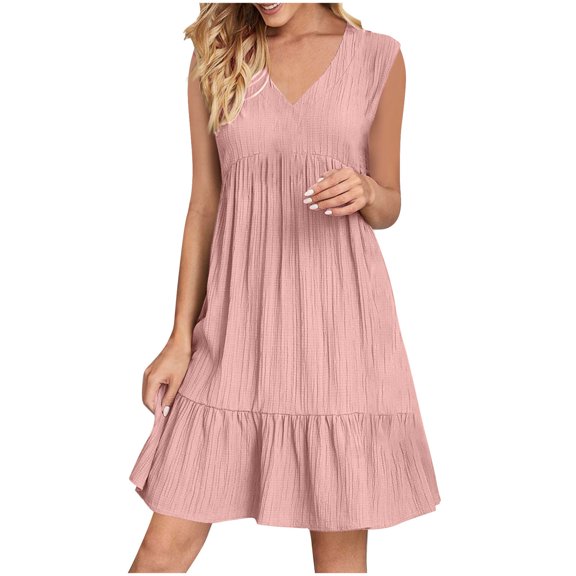 Womens Summer Dress Loose Sleeveless V Neck Mini Dresses Casual Flowy Boho Ruffle A Line Swing Sundress 2025