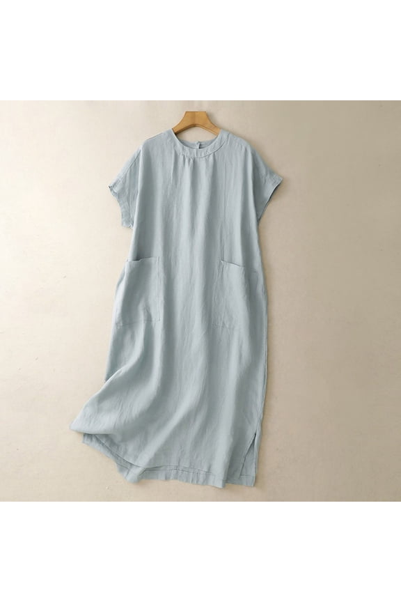 Womens Summer Dress Oversized Solid Color Crew Neck Mid-Length Dress Quick Dry Slim Fit Short Sleeve Dresses