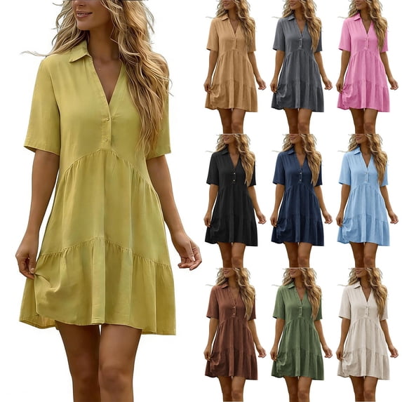 Womens Summer Dress Plus Size Solid Color Short Sleeve V-Neck Shirtdress Casual Loose Flowy A-Line Sundresses