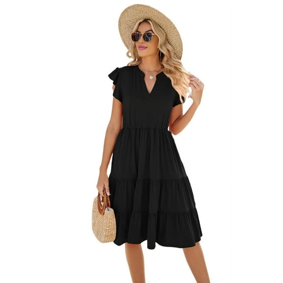 Womens Summer Dress Ruffle Sleeve V Neck Midi Dresses Black S