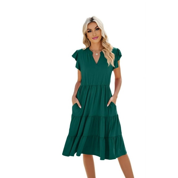 Womens Summer Dress Ruffle Sleeve V Neck Midi Dresses Dark Green M
