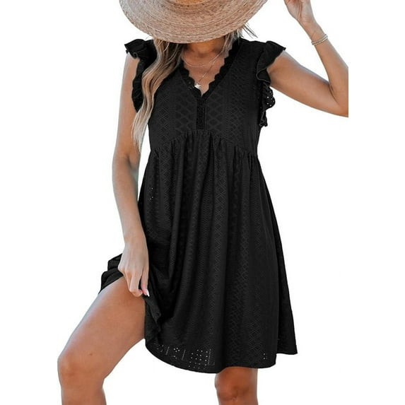 Womens Summer Dress Ruffle Sleeve V Neck Midi Dresses Fashion Casual Fit Flowy Tiered Boho Beach Vacation Sundress Black L