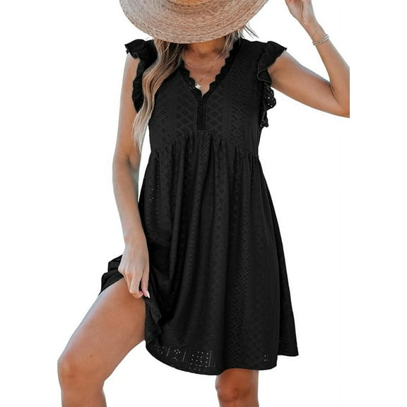 Womens Summer Dress Ruffle Sleeve V Neck Midi Dresses Fashion Casual Fit Flowy Tiered Boho Beach Vacation Sundress Black S